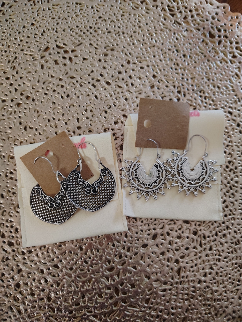 Brand New Sterling-Tone Silver Bohemian Filigree Hoop Earrings - Set of 2
